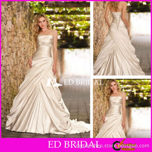 Designer Bridal Dress Patterns Champagne Satin A Line Slight Curve Ruched Ruffled Wedding Gowns with Crystal Beadings